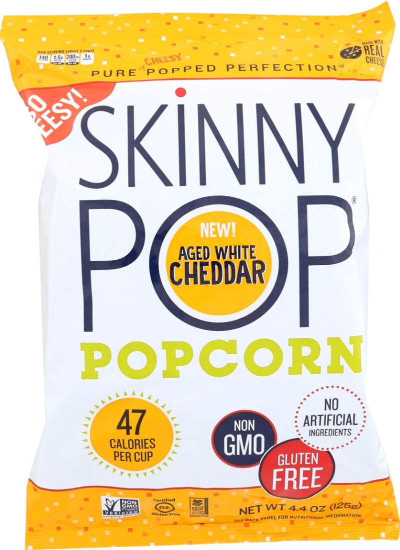 SKINNYPOP Aged White Cheddar is our boldest, cheddar-iest flavor yet. This 4.4oz bag is great for individuals to grab a few handfuls or for sharing with friends and family. SKINNYPOP is gluten free, non-GMO, and a delicious whole grain snack. This flavor is also made with real cheese!