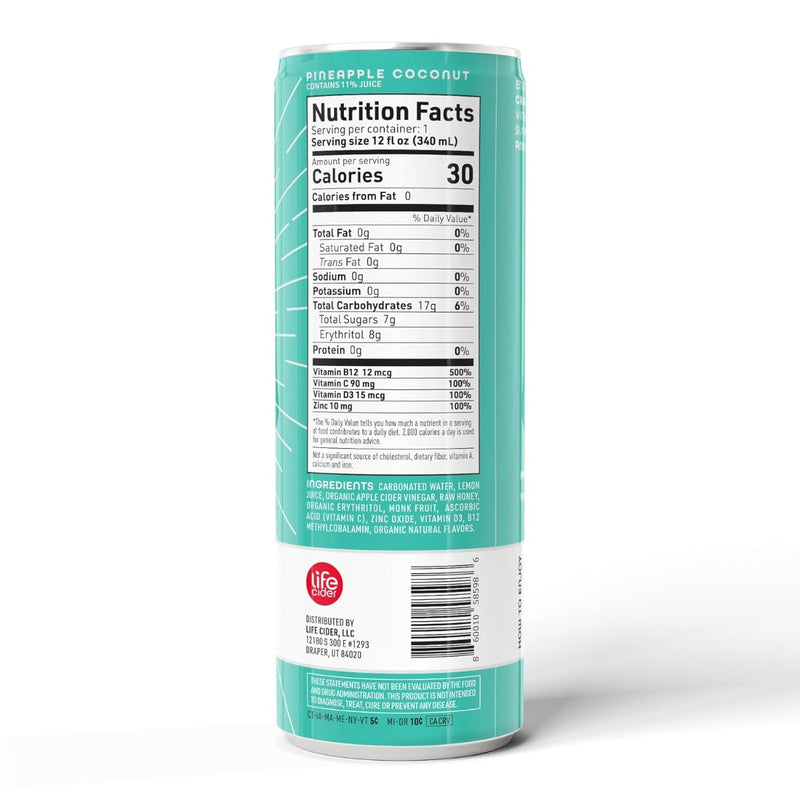 LIFE CIDER: Pineapple Coconut Sparkling Apple Cider Vinegar Lemonade, 12 fo