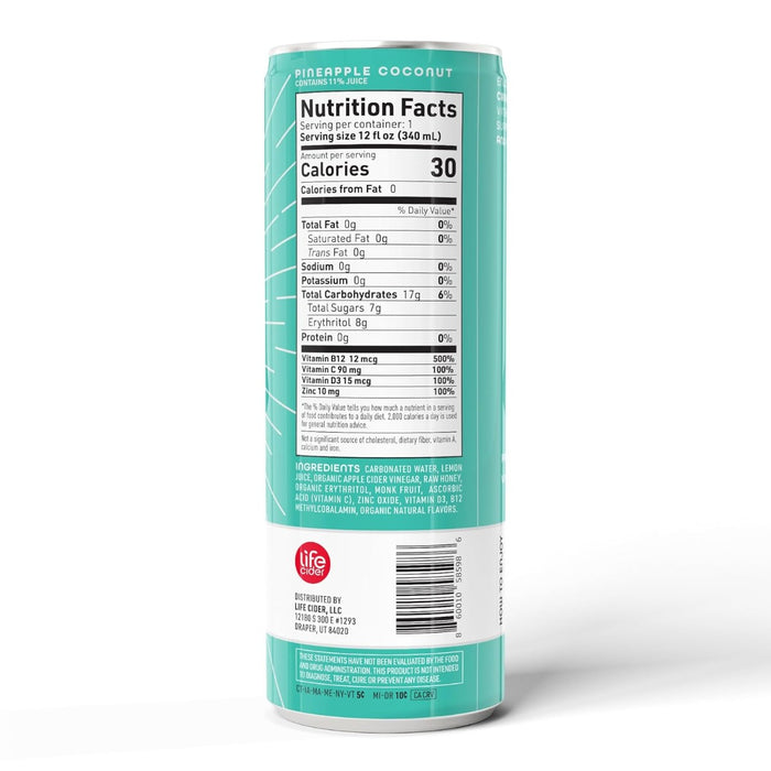 LIFE CIDER: Pineapple Coconut Sparkling Apple Cider Vinegar Lemonade, 12 fo