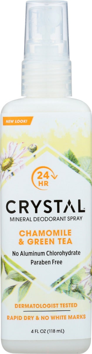 Crystal Mineral-Enriched Deodorant Spray infused with the sweet aroma of chamomile and green tea, rapidly dries to provide an invisible, protective barrier that blocks odor before it starts. This effective deodorant is non-sticky, non-staining, leaves no white residue, and prevents odor for up to 24 hours. Vegan, cruelty-free and made for every BODY, just  spray and go!