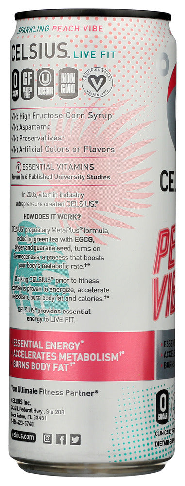 CELSIUS: Beverage Sparkling Peach Vibe, 12 fo