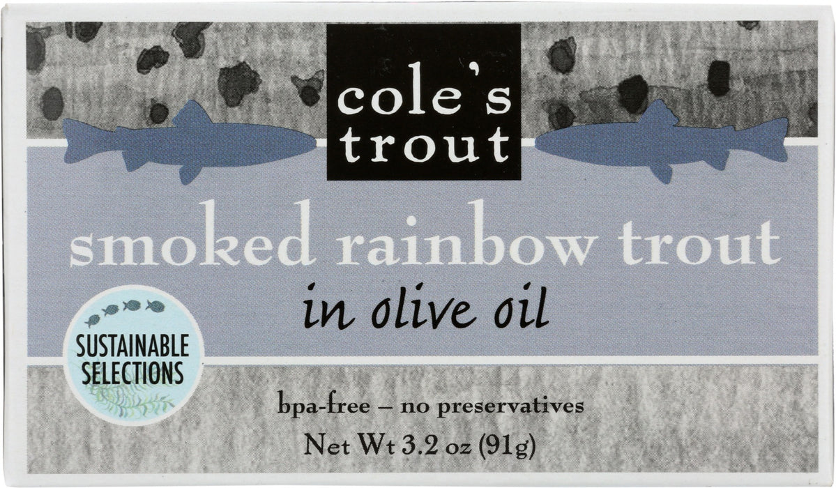 Cole's farm-raised trout fillet is deboned, carefully smoked using an aromatic Applewood blend, and hand-packed in tins using high-quality extra virgin olive oil for freshness and a delicate taste enhancement.
A nutritious snack or meal accompaniment that can be eaten straight from the can and enjoyed at home, work, or wherever adventure takes you!