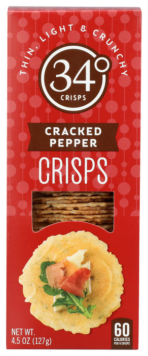 A zesty and sophisticated 34 Degrees Cracked Pepper Crisp. Our 34 Degrees Cracked Pepper Crisps have a little bit of a kick to enliven your selection of pairings. They enhance deli favorites such as brie, salami and roasted turkey. These crisps add boldness to just about any snack or appetizer.