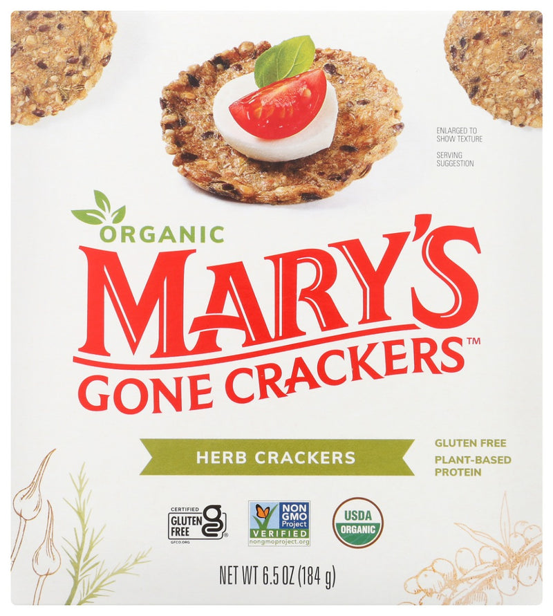 Our Traditional Cracker Gets Culinary!
This is our original cracker under the influence of herbs. A select blend of organic herbs and spices brings a culinary flair to our traditional recipe of organic, gluten free, whole grain brown rice, quinoa, flax seeds, and sesame seeds. Mary's Gone Crackers® Herb Crackers appeal to your epicurean side with fields of rosemary, a touch of garlic and even a hint of lemon.