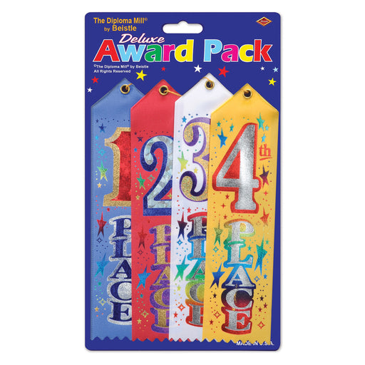 1st/2nd/3rd/4th Place Award Pack Ribbons – 2" x 8" – (4/Pkg) by Beistle for Sports Award Ribbons