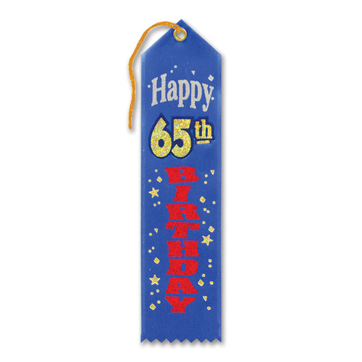 Happy "65th" Birthday Award Ribbon – 2" x 8" by Beistle for Birthday-Age Specific Award Ribbons