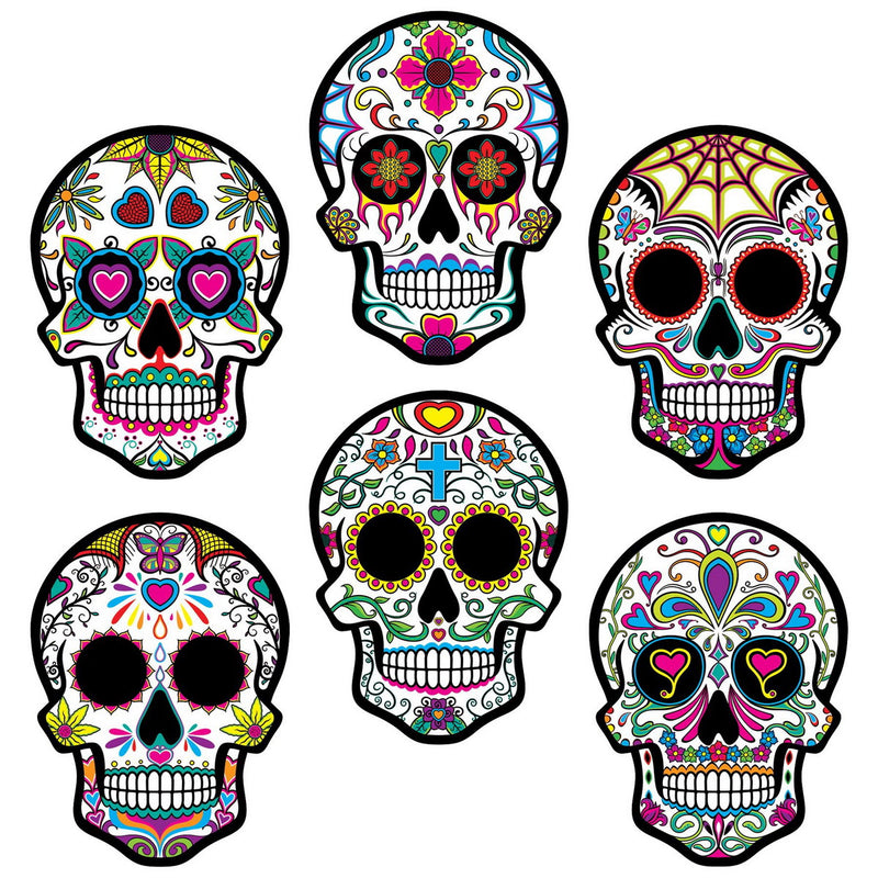 DOD Sugar Skull Cutouts – 8¾" x 6¼" – (6/Pkg) by Beistle for Day of the Dead Printed
