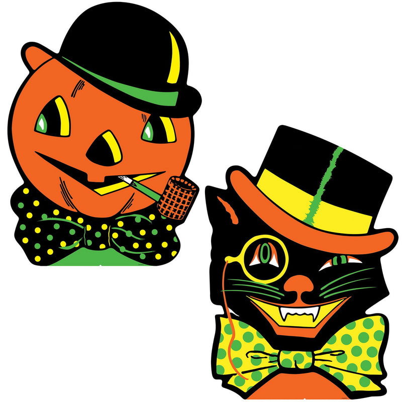 Vintage Halloween Cat & J-O-L Stand-Ups – Asstd – (2/Box) by Beistle for Halloween-Vintage 3-D Props