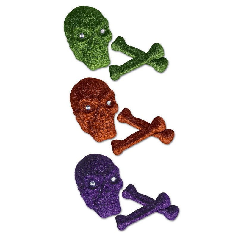 Glittered Plastic Skull & Bones – 5" & 5¼" – (3/Pkg) by Beistle for Halloween Plastic Decorations