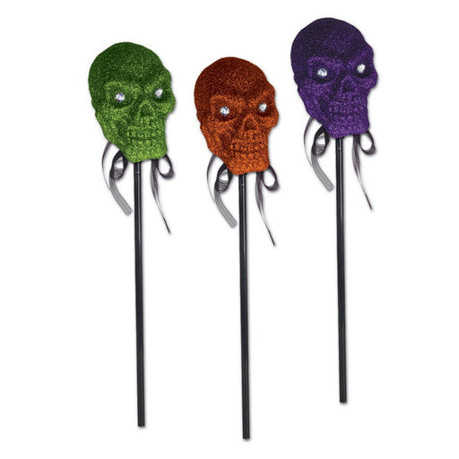 Glittered Plastic Skulls w/Stick – 16" – (1/Pkg) by Beistle for Halloween Props