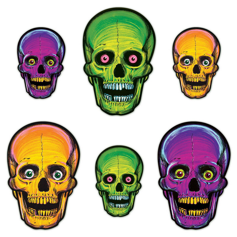 Vintage Halloween Nite-Glo Skull Cutouts – 8½" & 12¾" – (6/Pkg) by Beistle for Halloween-Vintage Printed