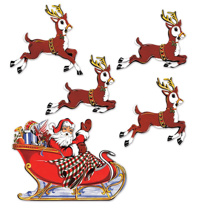 Vintage Christmas Santa & Sleigh Cutouts – 10¾"-17¾" – (5/Pkg) by Beistle for Christmas-Vintage Printed