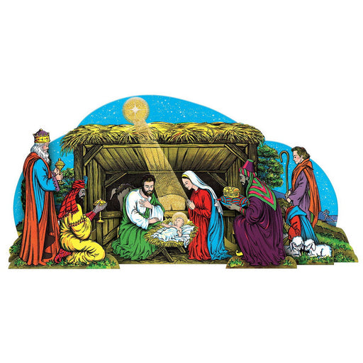 Vntg Xmas Gltrd Nativity SceneTable Dec – 17¾" – (1/Pkg) by Beistle for Christmas-Vintage 3-D