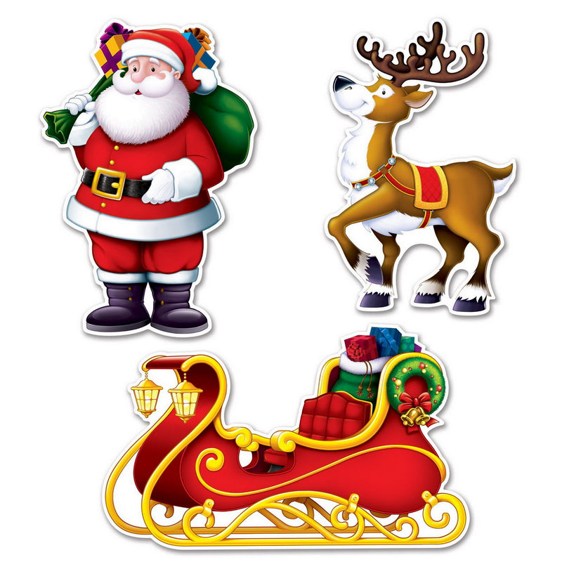 Santa, Sleigh & Reindeer Cutouts – 8"-15¼" – (3/Pkg) by Beistle for Christmas and winter Printed