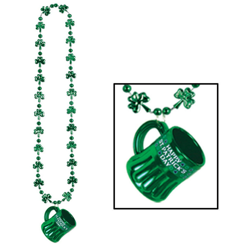 Shamrock Beads w/Happy St Pat's Mug – 33"/ ¾ Oz – (1/Card) by Beistle for St. Patrick's Day Beads with Medallion