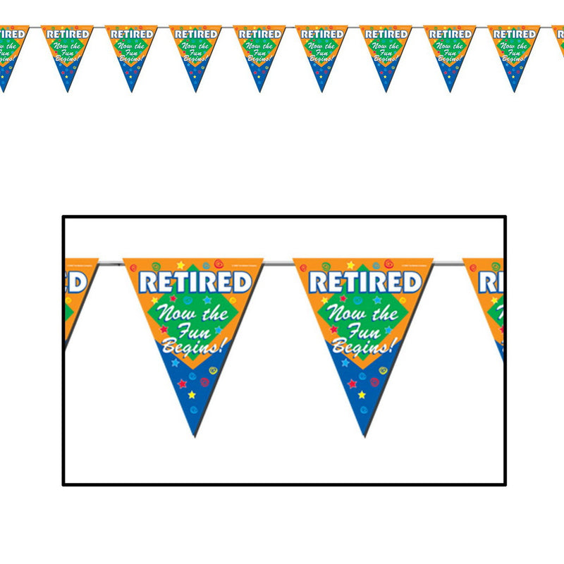 Retired The Fun Begins! Pennant Banner – 11" x 12' – (1/Pkg) by Beistle for Retirement Pennant Banners