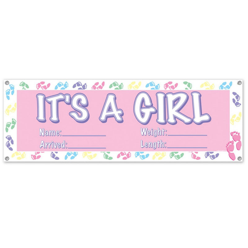 It's A Girl Sign Banner – 5' x 21" – (1/Pkg) by Beistle for Baby Shower All-Weather