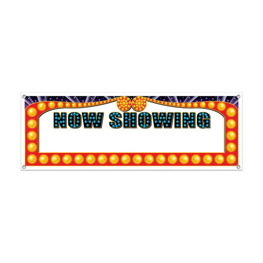 Now Showing Sign Banner – 5' x 21" – (1/Pkg) by Beistle for Awards Night All-Weather
