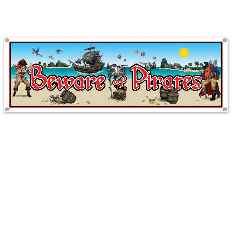 Beware Of Pirates Sign Banner – 5' x 21" – (1/Pkg) by Beistle All-Weather