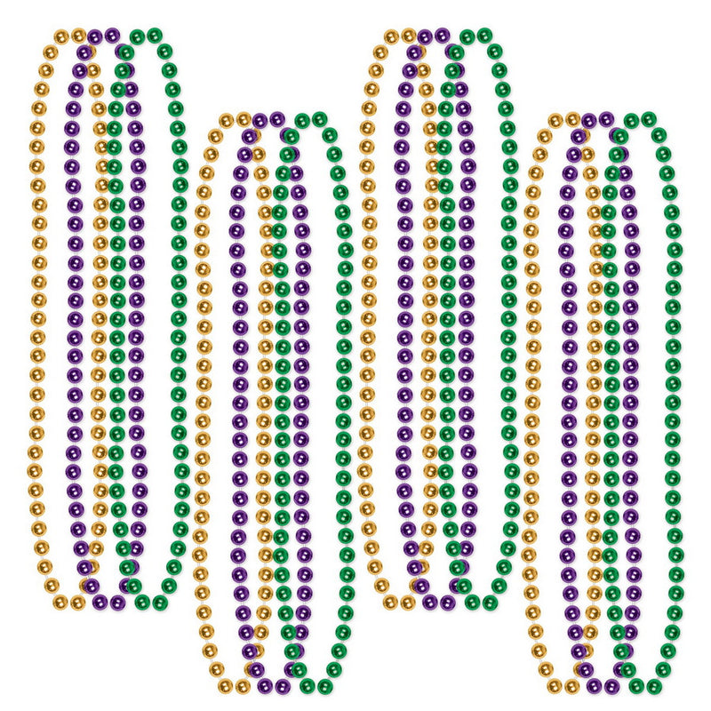 Mardi Gras Small Round Beads – 7mm x 33" – (12/Card) by Beistle Round Party Beads