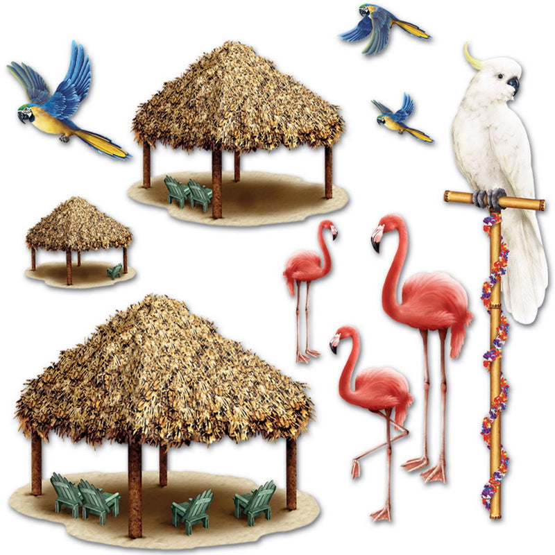 Tiki Hut & Tropical Bird Props – 8"-4' 2" – (10/Pkg) by Beistle for Luau