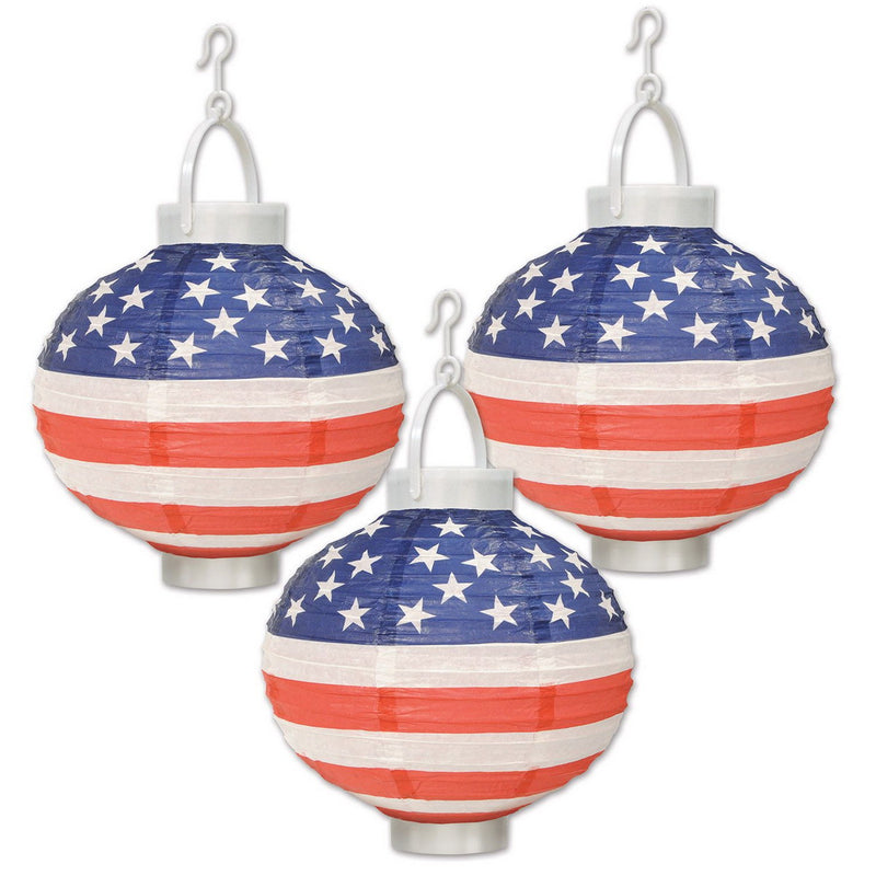 Light-Up Patriotic Paper Lanterns – 8" – (3/Pkg) by Beistle