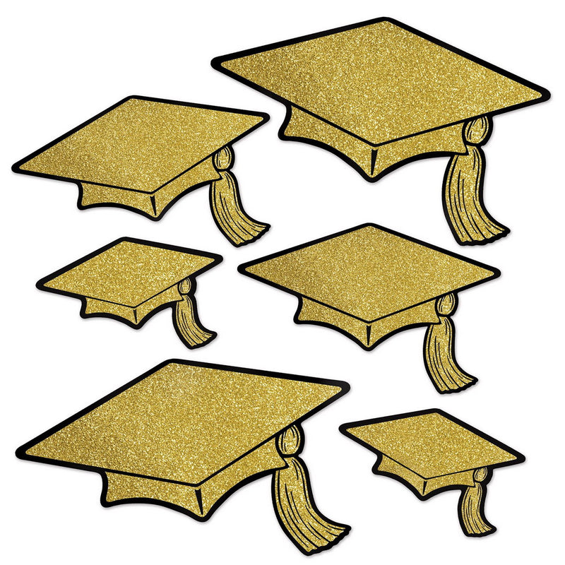 Glittered Foil Grad Cap Cutouts – Asstd – (6/Pkg) by Beistle for Graduation