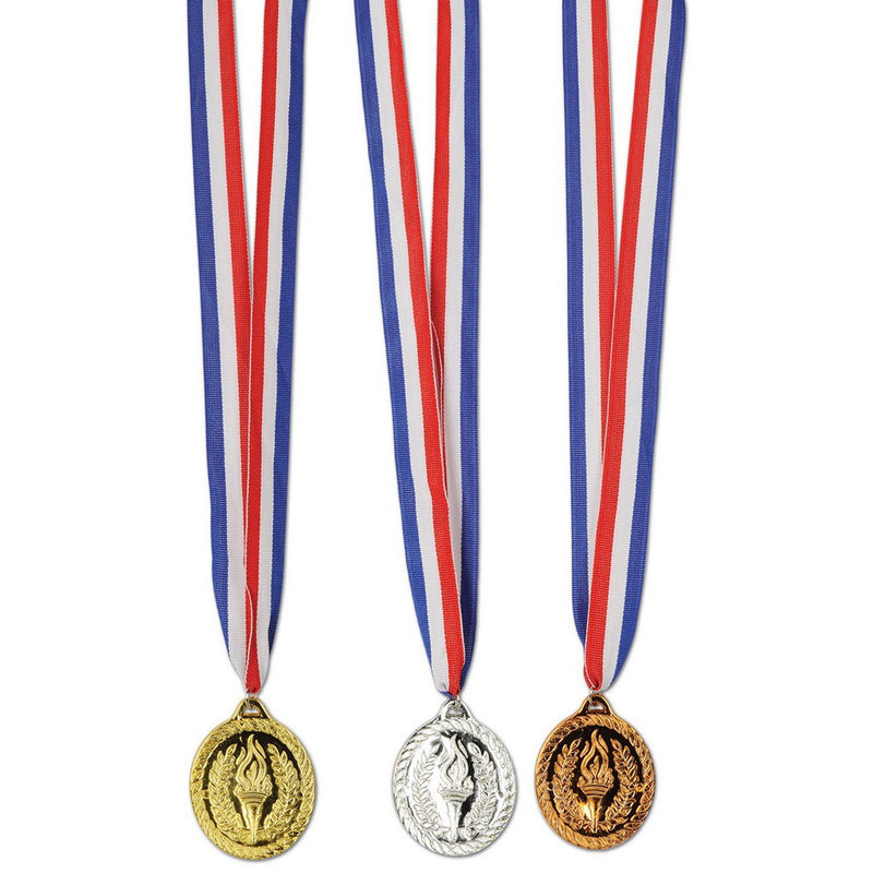 Gold, Silver & Bronze Medals w/Ribbon – 30" w/2" Medal – (3/Card) by Beistle for Sports Awards