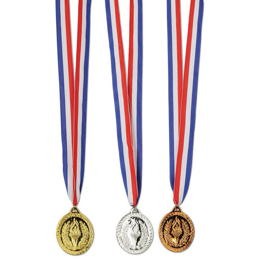 Gold, Silver & Bronze Medals w/Ribbon – 30" w/2" Medal – (3/Card) by Beistle for Sports Awards