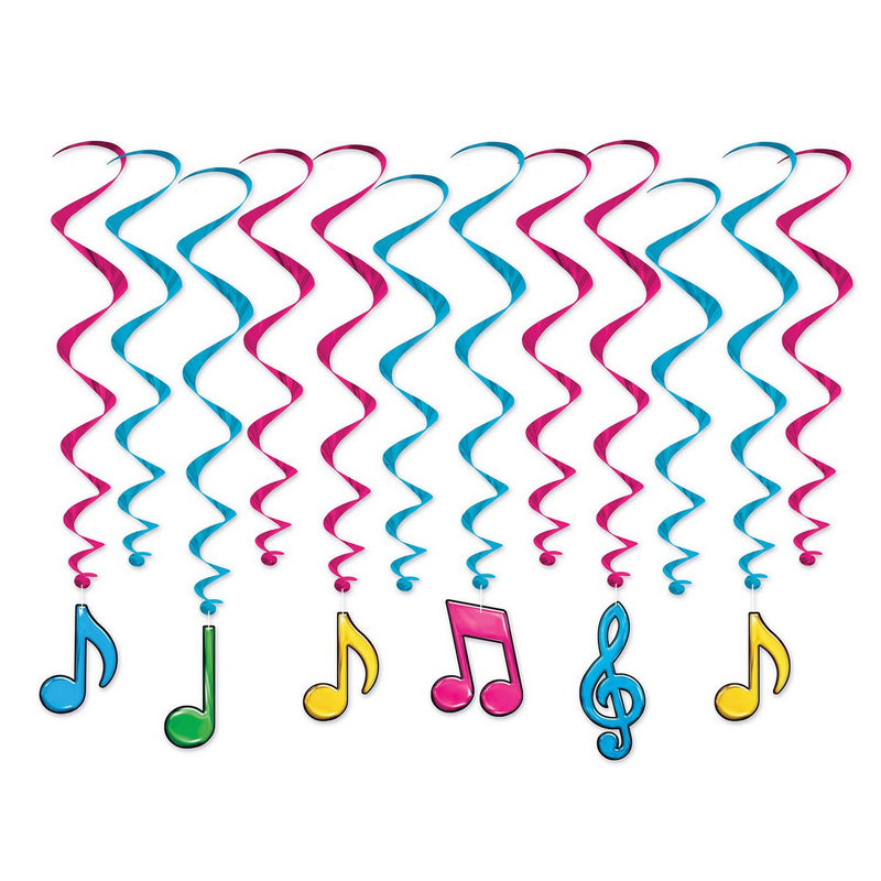 Neon Musical Notes Whirls – 17½"-32" – (12/Pkg) by Beistle for 50's and Rock & Roll
