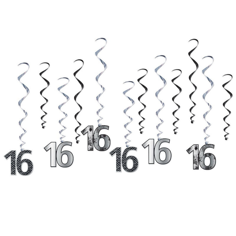 "16" Whirls – 15"-26" – (12/Pkg) by Beistle for Sweet 16