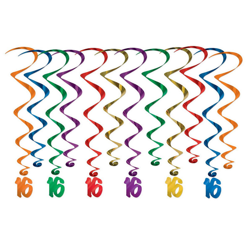 "16" Whirls – 17½"-31" – (12/Pkg) by Beistle for Sweet 16
