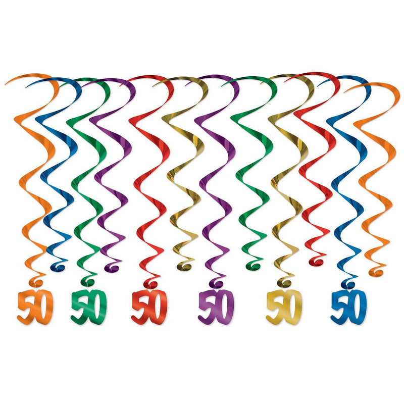 "50" Whirls – 17½"-31½" – (12/Pkg) by Beistle for Age-specific birthday