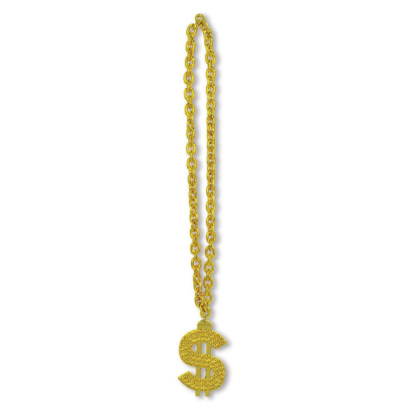 Gold Chain Beads w/"$" Medallion – 38" – (1/Card) by Beistle for 80's Novelty Beads