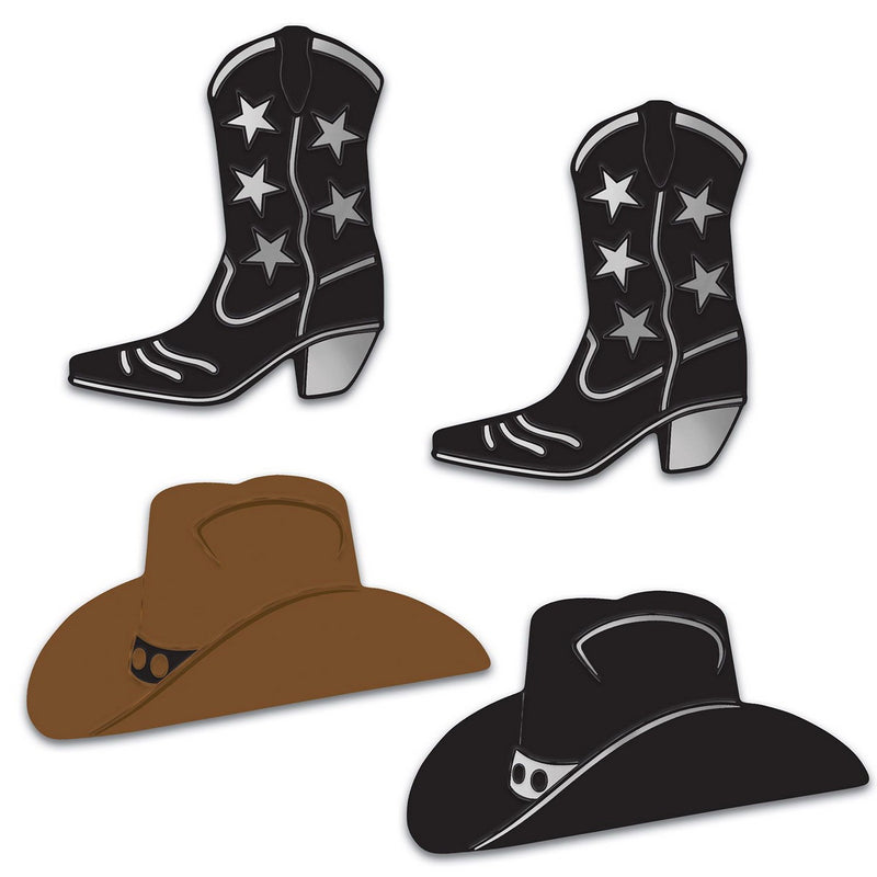 Foil Cowboy Hat & Boot Silhouettes – boot-12¾"x11½" hat-8"x16" – (4/Pkg) by Beistle for Western