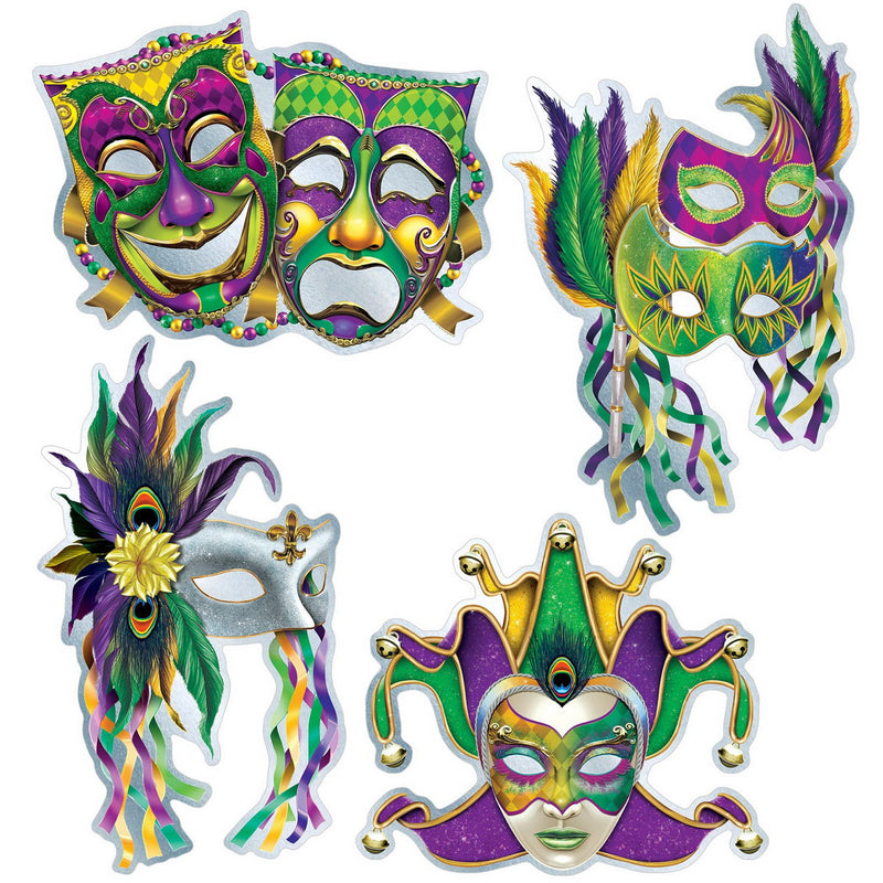 Foil Mardi Gras Mask Cutouts – 18¾"-20¼" – (4/Pkg) by Beistle
