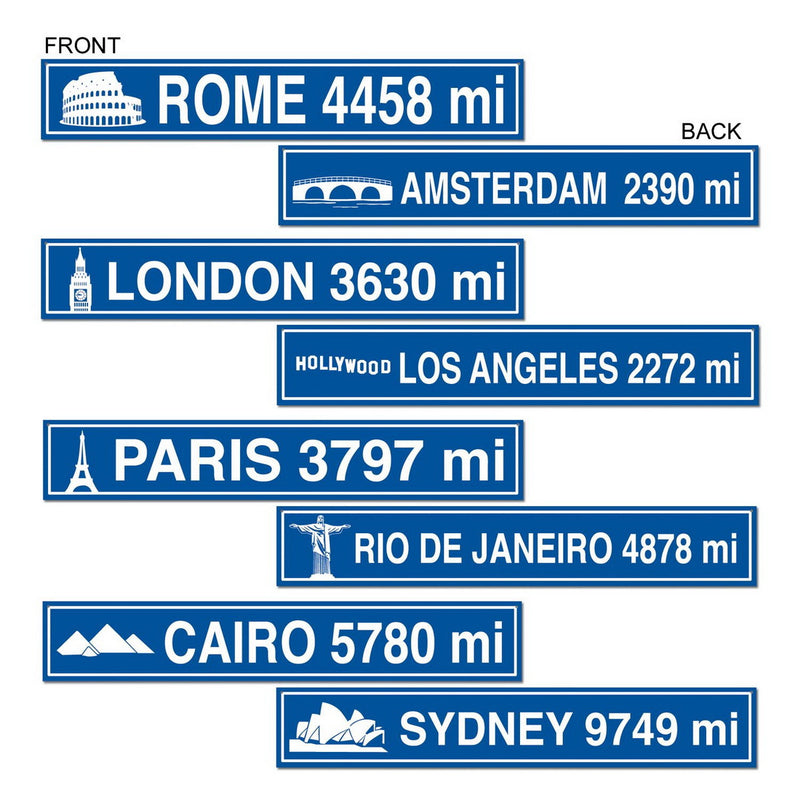 Travel Street Sign Cutouts – 4" x 24" – (4/Pkg) by Beistle for International Printed