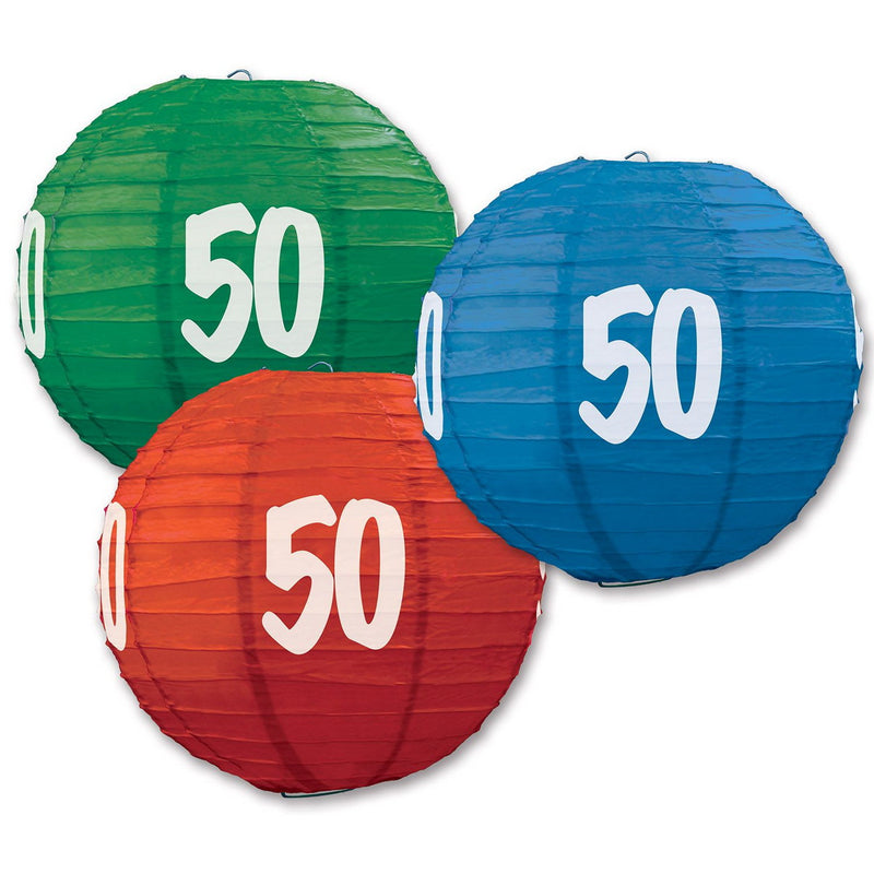 "50" Paper Lanterns – 9½" – (3/Pkg) by Beistle for Age-specific birthday