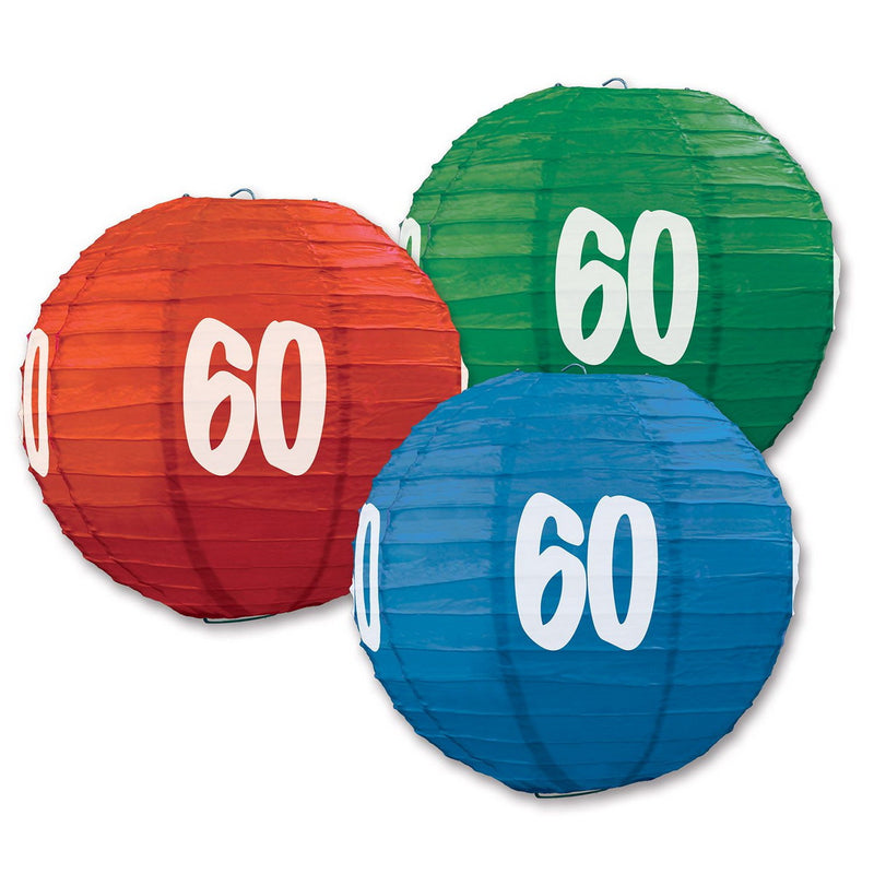 "60" Paper Lanterns – 9½" – (3/Pkg) by Beistle for Age-specific birthday