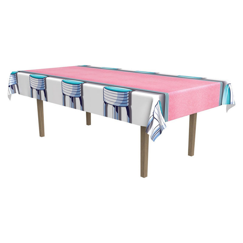 Soda Shop Stools Tablecover – 54" x 108" – (1/Pkg) by Beistle for 50's and Rock & Roll Table Covers - Patterned