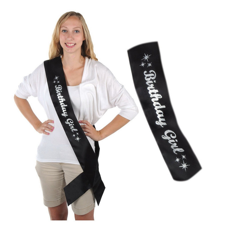 Glittered Birthday Girl Satin Sash – 33" x 4" – (1/Pkg) by Beistle Sashes