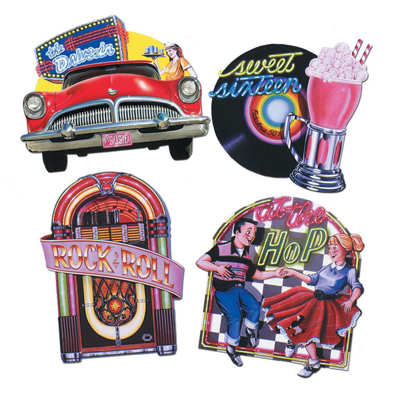 Fabulous 50's Cutouts – 14"-16½" – (4/Pkg) by Beistle for 50's and Rock & Roll Printed