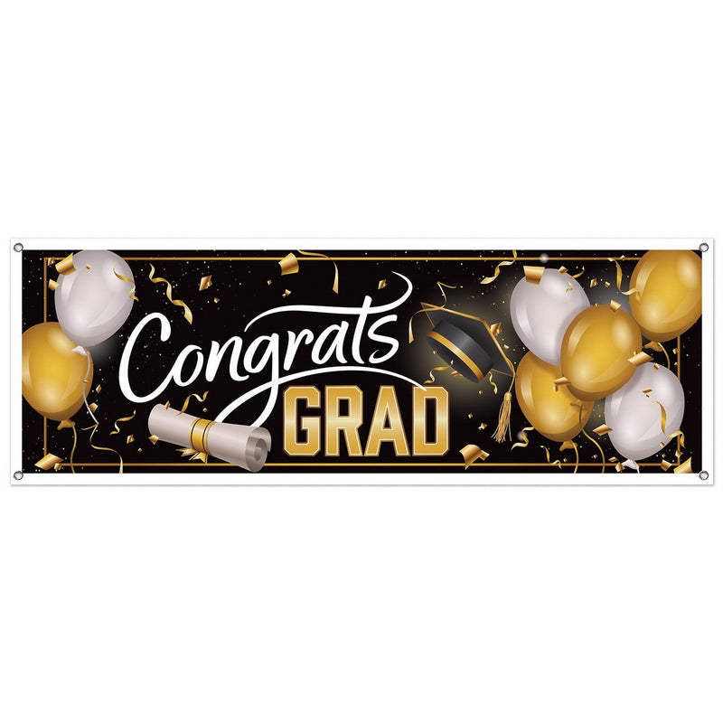 Congrats Grad Sign Banner – 5' x 21" – (1/Pkg) by Beistle for Graduation All-Weather