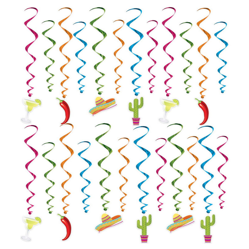 Fiesta Whirls – 17½" - 29½" – (24/Pkg) by Beistle for Fiesta and Cinco de Mayo