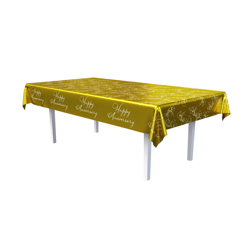Metallic Happy Anniversary Tablecover – 54" x 108" – (1/Pkg) by Beistle Table Covers - Patterned