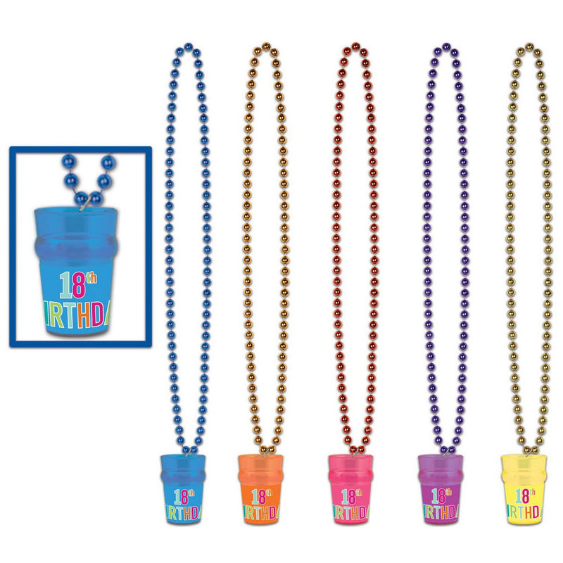 Beads w/"18th" Birthday Glass – 33"/2½ Oz – (1/Card) by Beistle for Age-specific birthday Beads with Medallion