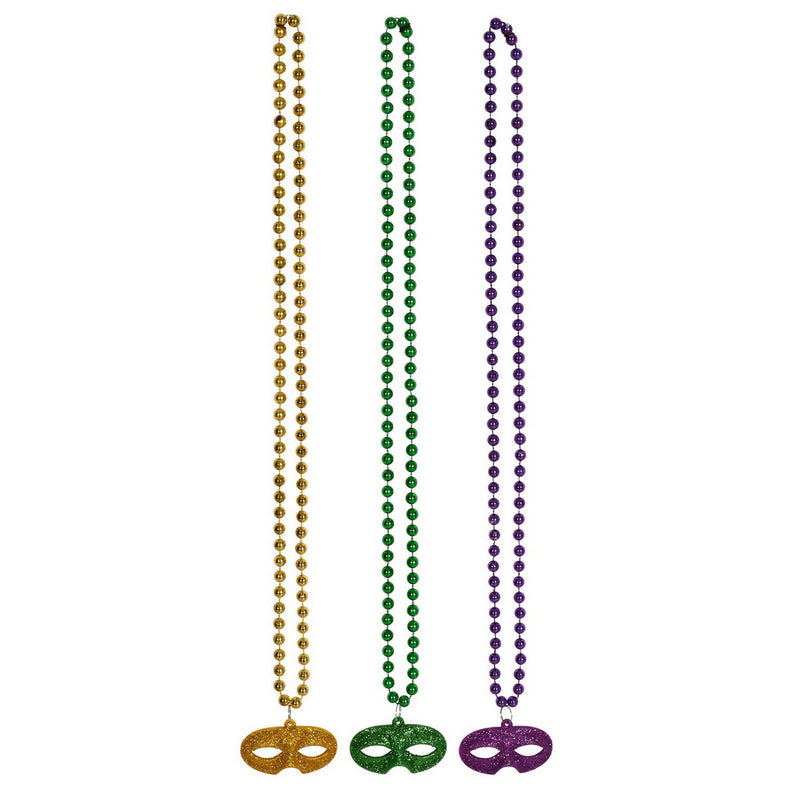 Beads w/Glittered Mask Medallion – 33" – (3/Card) by Beistle for Mardi Gras Beads with Medallion