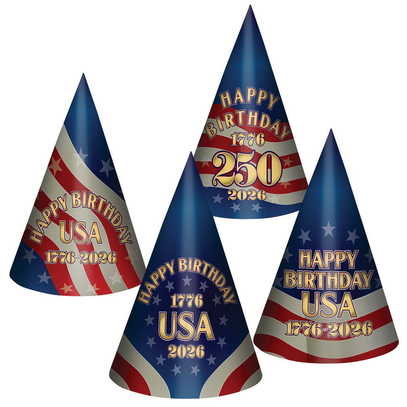 Pkgd Semiquincentennial Cone Hats – 9" – (4/Pkg) by Beistle for Patriotic