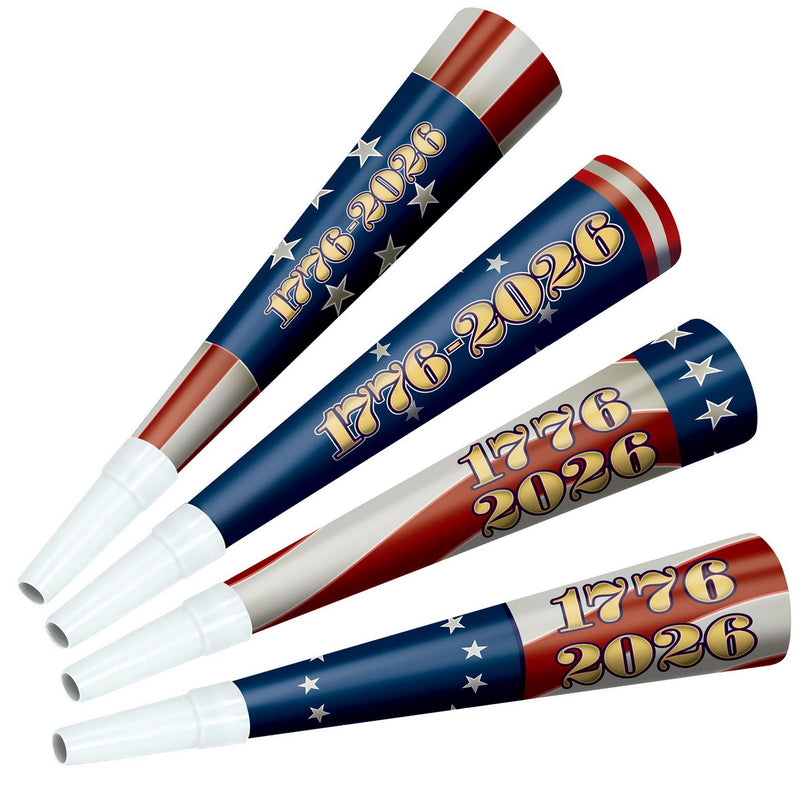 Pkgd Semiquincentennial Horns – 9" – (4/Pkg) by Beistle for Patriotic Paper Horns
