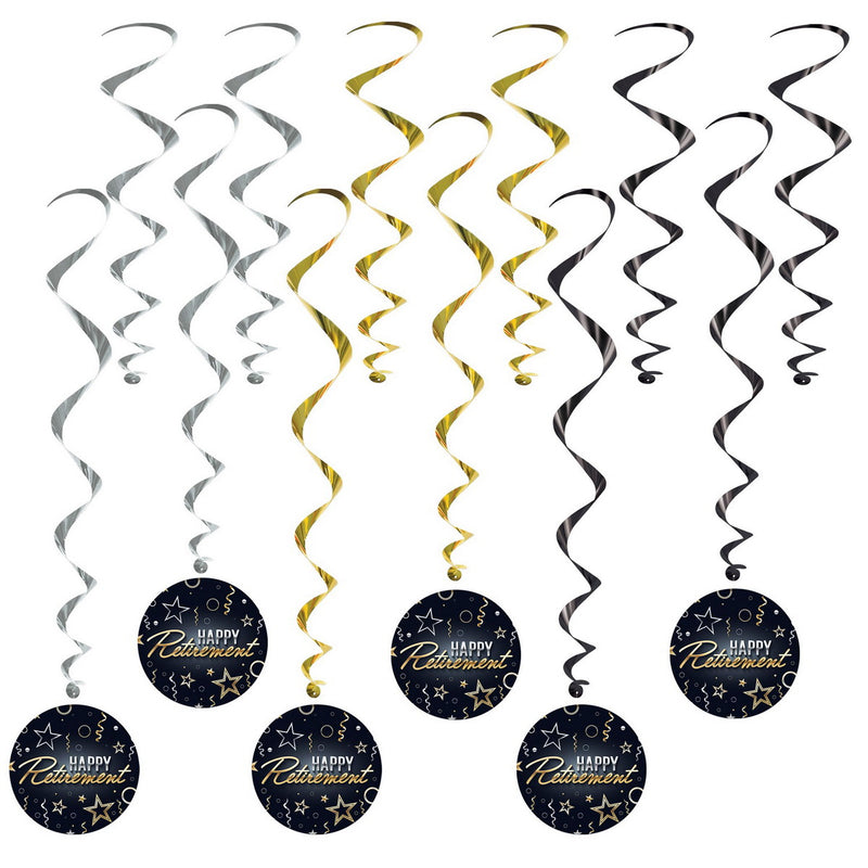 Happy Retirement Whirls – 17½"-30½" – (12/Pkg) by Beistle